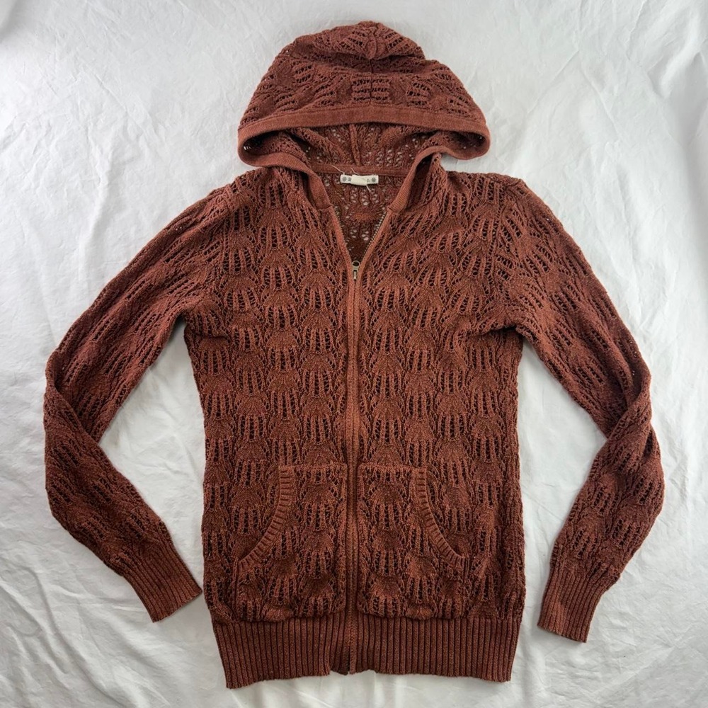 RuffHewn Open Knit Crochet Full Zip Hoodie Sweatshirt Rust Brown Womens S Y2k